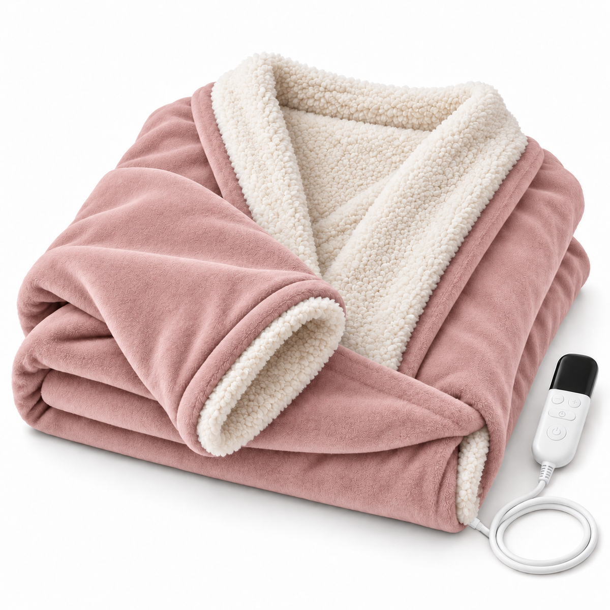 Kokoon blush pink wearable heated blanket, folded, with its plug-in digital controller