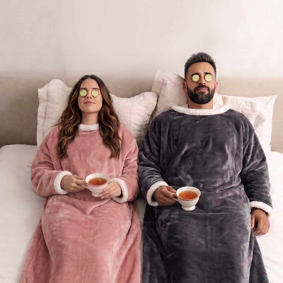 Couple relaxing in bed in pink and charcoal Kokoon wearable heated blankets