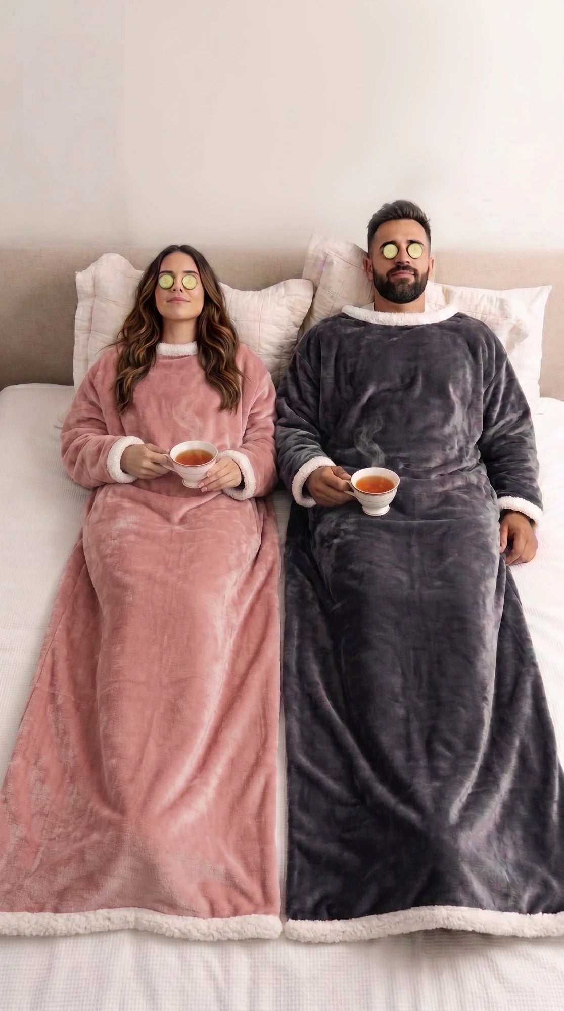 Couple relaxing in bed with tea, wearing Kokoon wearable heated blankets in blush pink and charcoal gray