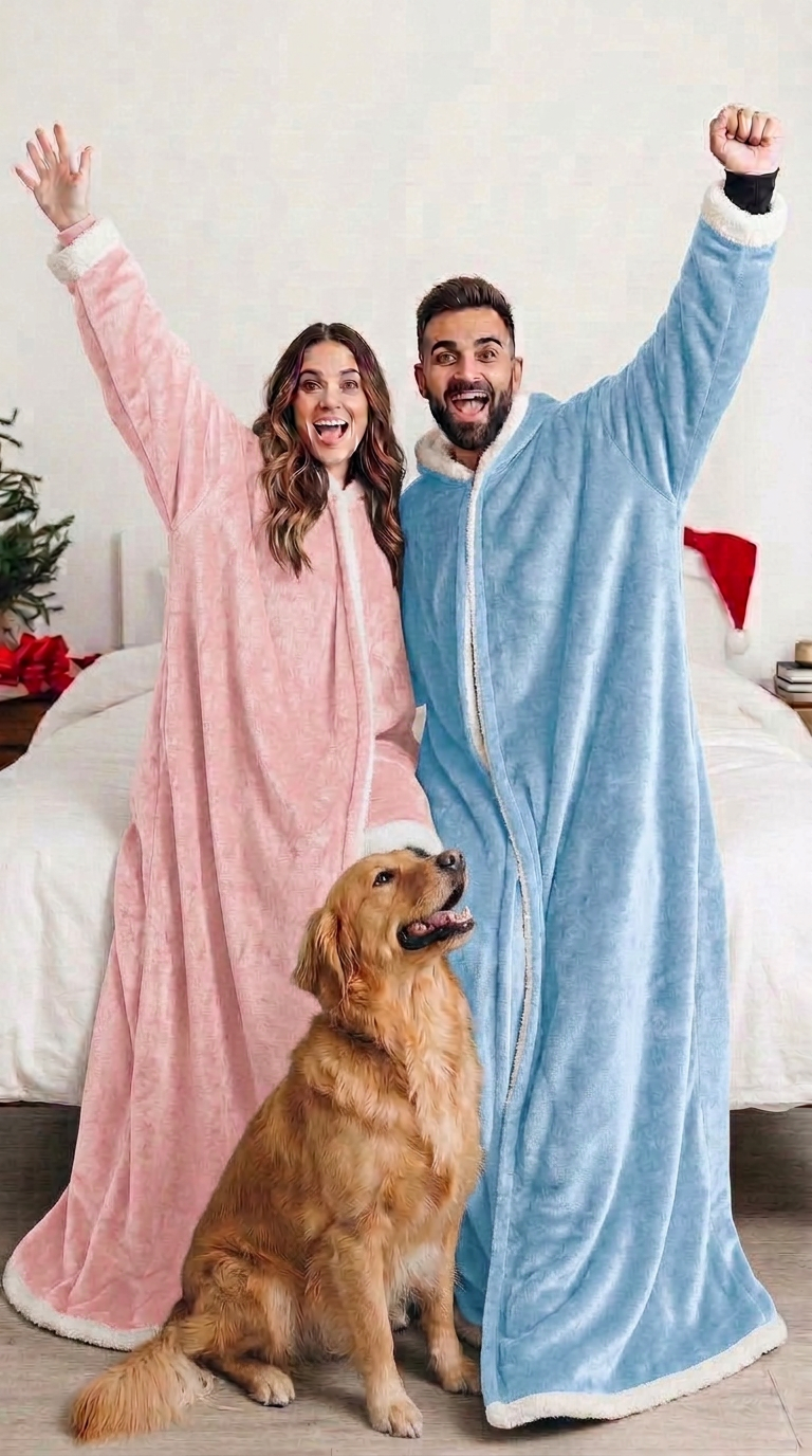 Cheering couple wearing Kokoon wearable heated blankets in blush pink and light blue with their dog at Christmas