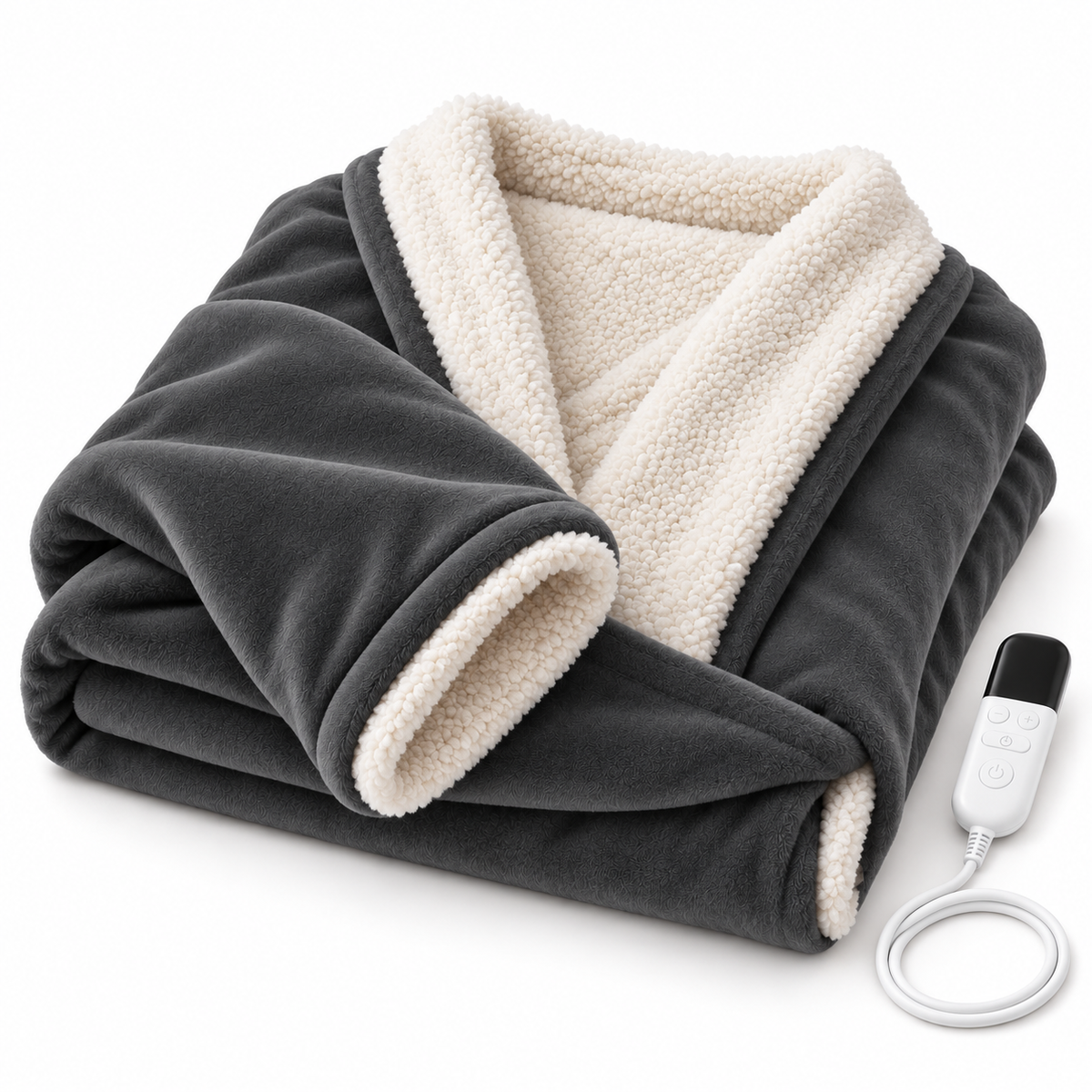 Suzvo charcoal gray wearable heated blanket folded with controller