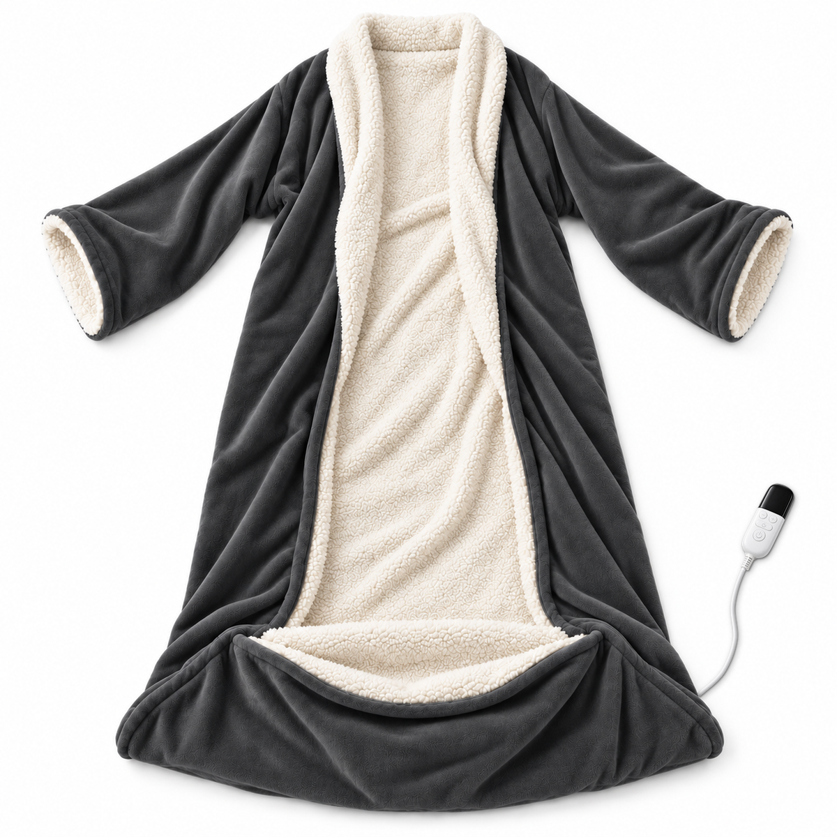 Kokoon charcoal gray wearable heated blanket laid flat with its plug-in digital controller