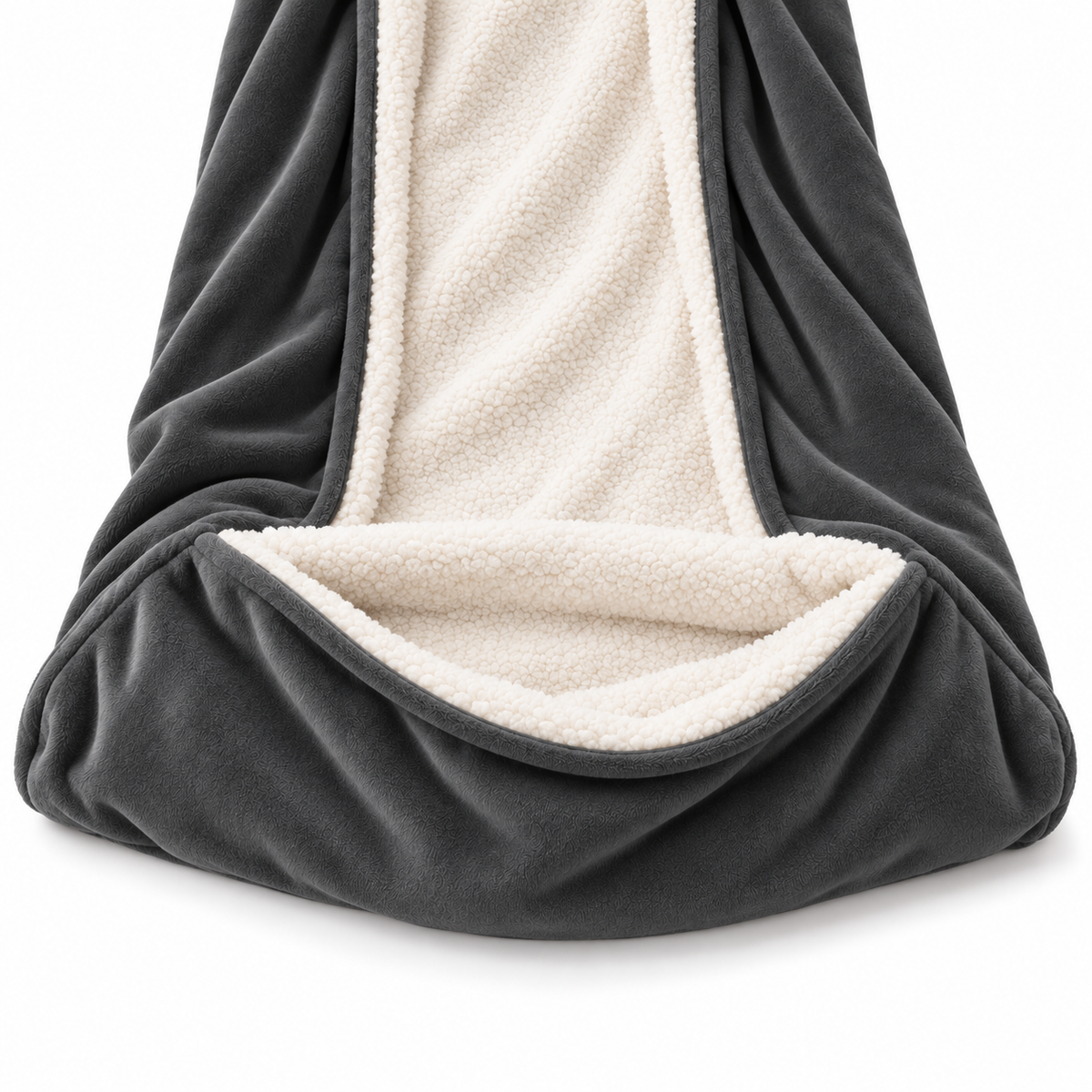 Close-up of the foot pocket on the Kokoon charcoal gray wearable heated blanket