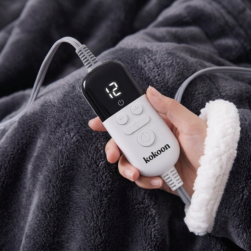 Hand holding the Kokoon digital controller over the charcoal gray flannel blanket
