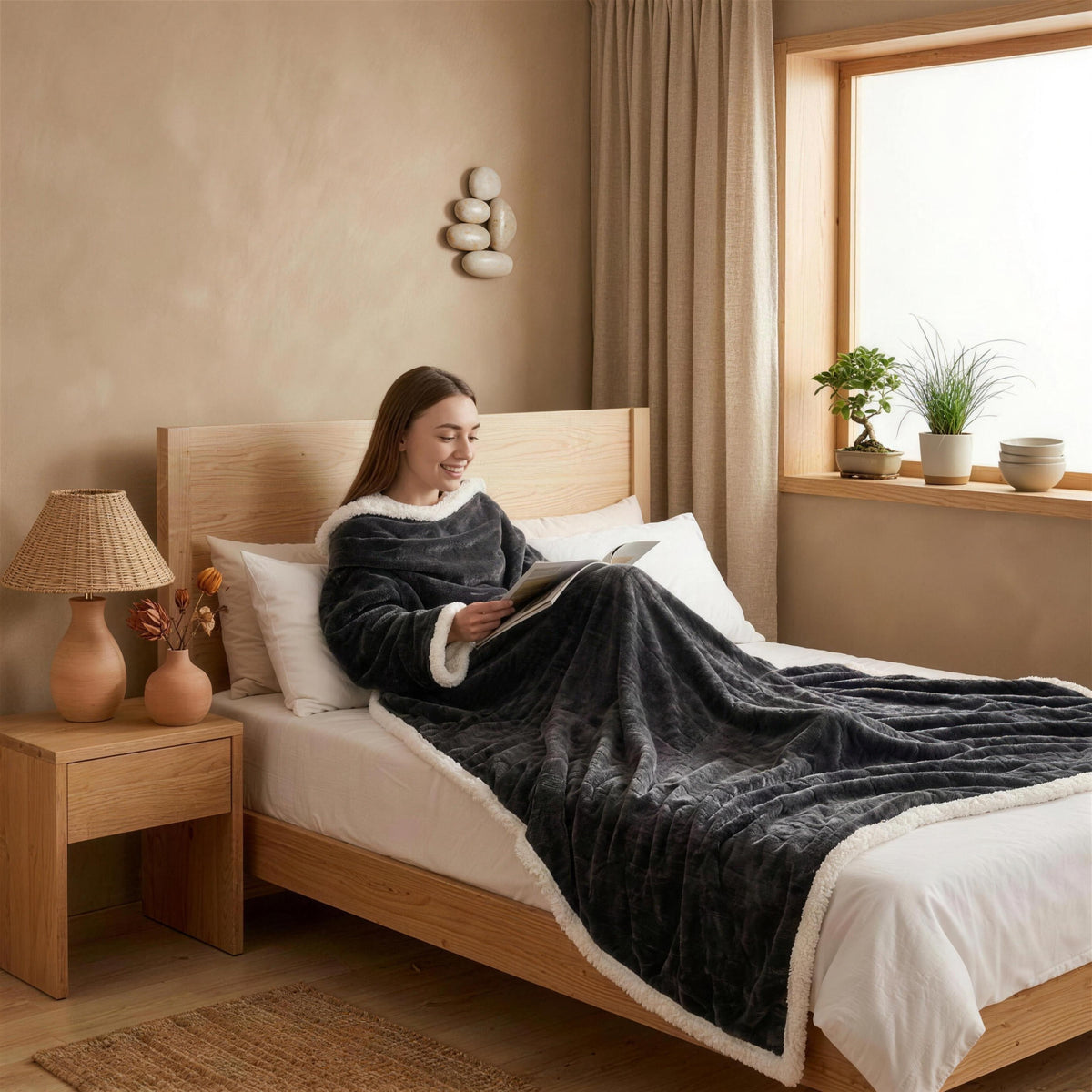 Woman reading in bed wearing a charcoal grey Kokoon heated blanket