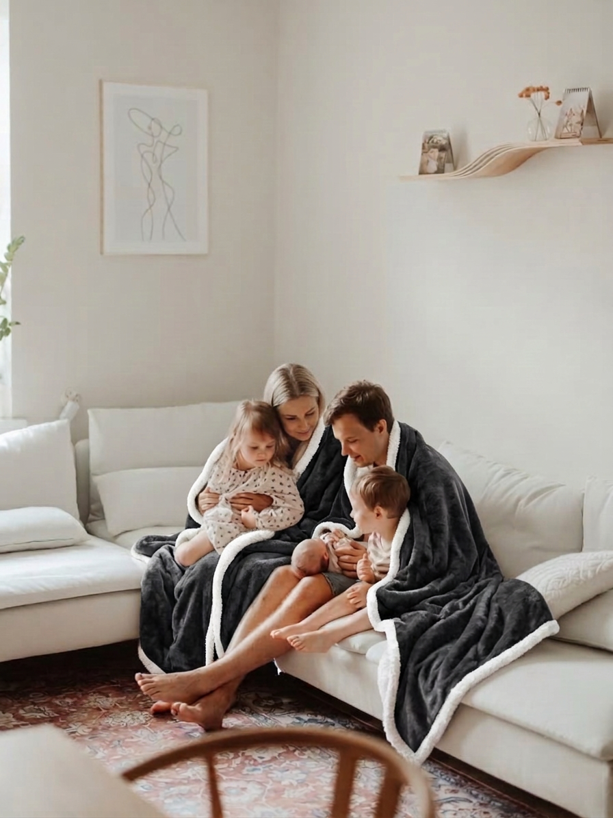 Family with children sharing a Kokoon charcoal gray wearable heated blanket on a sofa