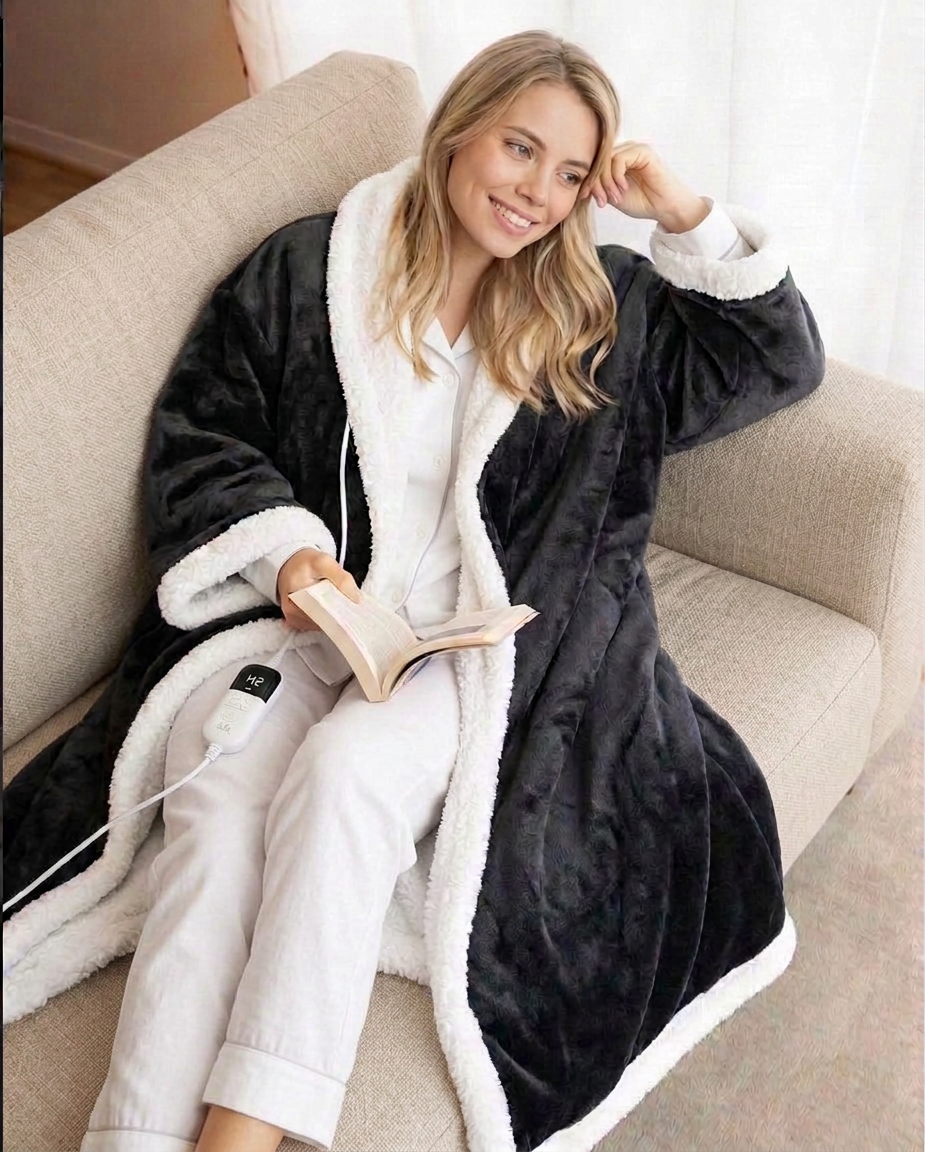 Woman reading in an armchair wrapped in the Kokoon charcoal gray wearable heated blanket, plugged in to its controller