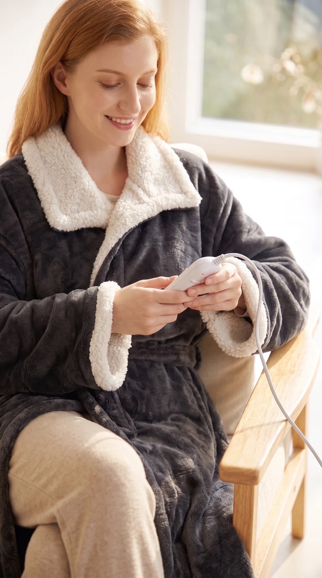 Woman in an armchair adjusting the controller on her Kokoon charcoal gray wearable heated blanket