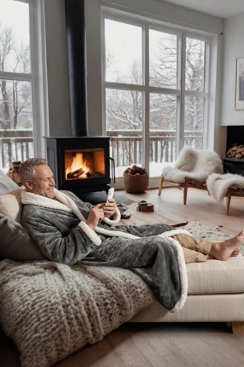 Man relaxing by the fireplace in a snowy cabin, wearing the Kokoon charcoal gray wearable heated blanket with controller