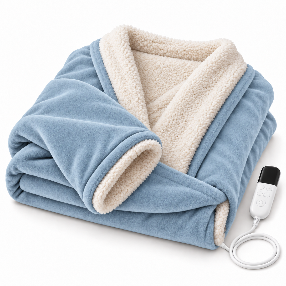 Kokoon light blue wearable heated blanket, folded, with its plug-in digital controller