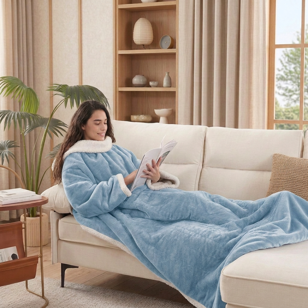 Suzvo wearable heated blanket in light blue