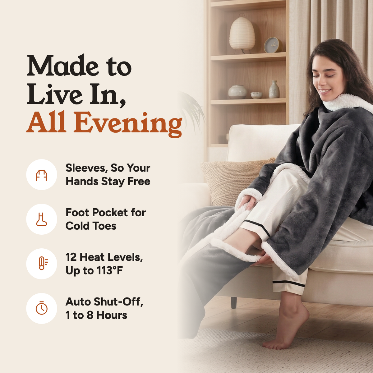 Kokoon wearable heated blanket benefits: sleeves keep hands free, foot pocket for cold toes, 12 heat levels up to 113°F, auto shut-off from 1 to 8 hours