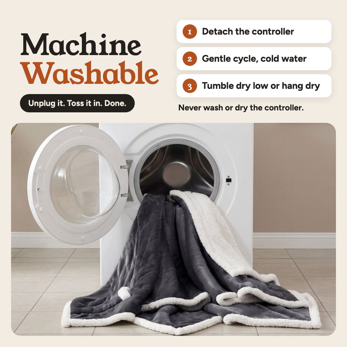 The Kokoon wearable heated blanket is machine washable: detach the controller, gentle cycle in cold water, tumble dry low or hang dry